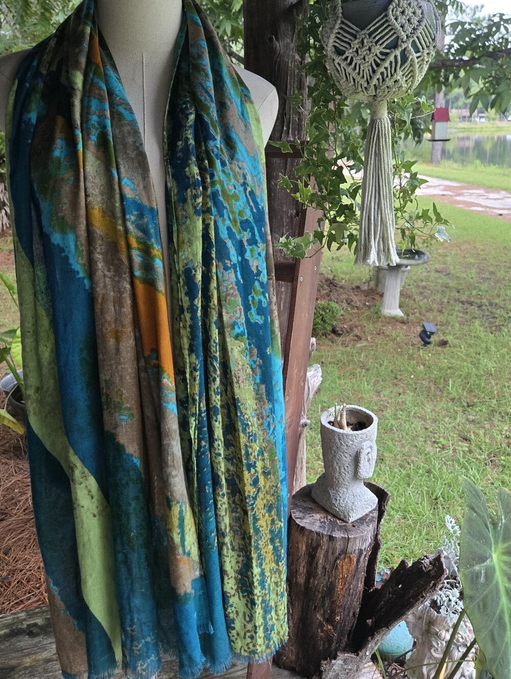 Abstract Print Lightweight Shoulder Wrap In Chartreuse, Turquoise, Rust Taupe
